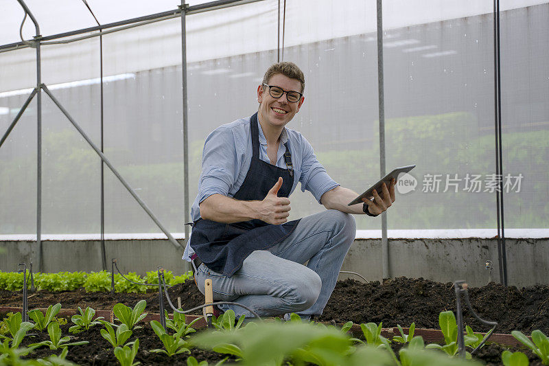 一个年轻人在有机农场工作。种植蔬菜。