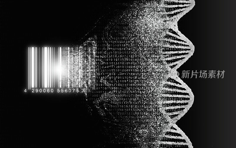 DNA解码，生物学，遗传解码的概念。基因组地图。DNA链，核酸双螺旋，被读取并转换成条形码。