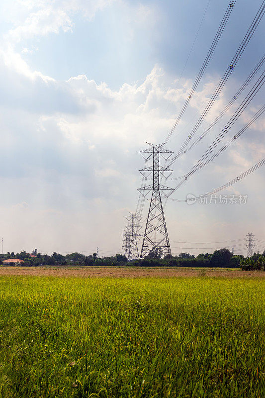 高压电塔和电线与稻田。电塔与天空。动力和能源概念。