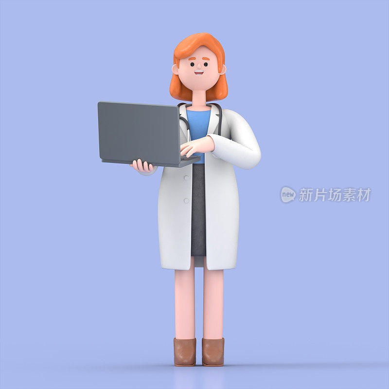 女诺瓦博士手持笔记本电脑的3D插图。使用电脑的卡通人物肖像。沟通，办公场所理念
