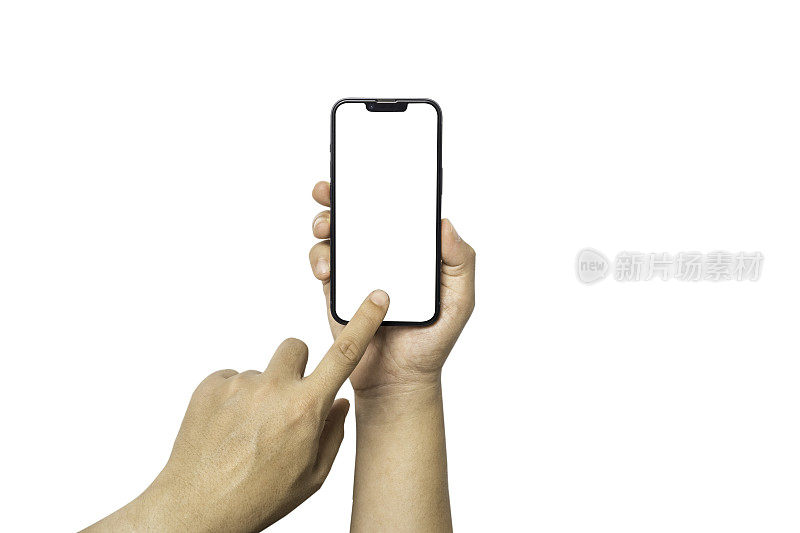 隔离手持空白屏幕的智能手机在白色背景与剪辑路径的模拟广告和社交图标。