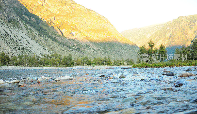 一条浅而宽的河流，底部铺着卵石，河岸在秋日的余晖和阴影中沿着峡谷深处流淌。