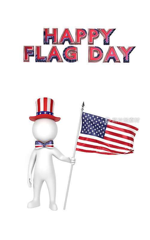 一名男子戴着软呢帽，手持美国国旗，并在国旗日向白色挥手