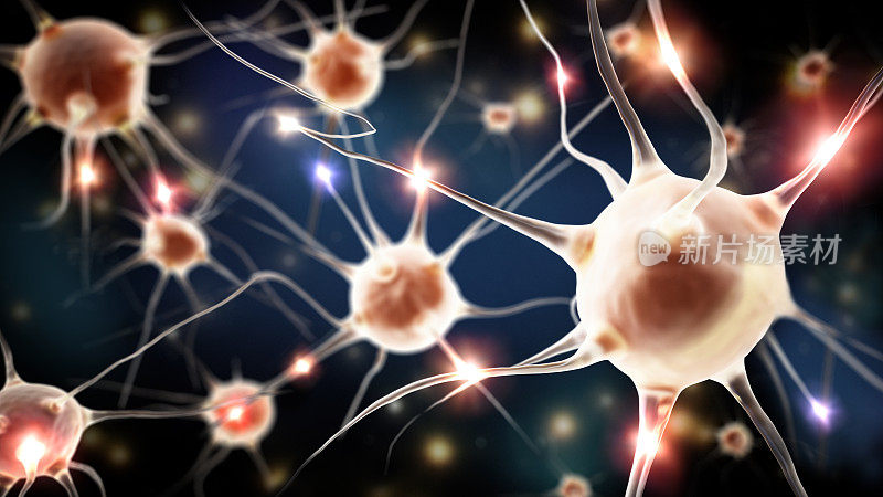 抽象黑暗空间中带有发光连接节点的神经元细胞的概念图解。医疗创新与科技理念