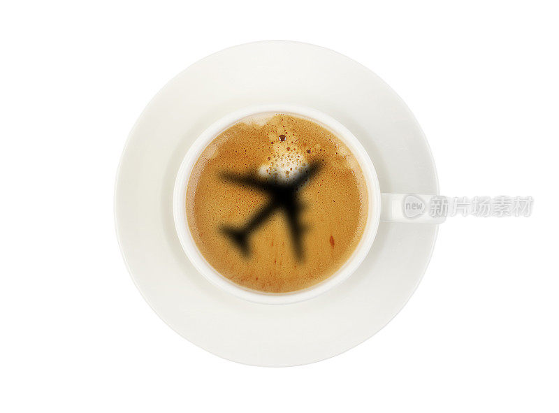 飞机形状上的咖啡，旅行的概念。机场咖啡杯