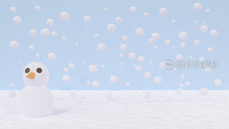 3d渲染一个蓝色的背景与雪，飘落的雪花，和雪人