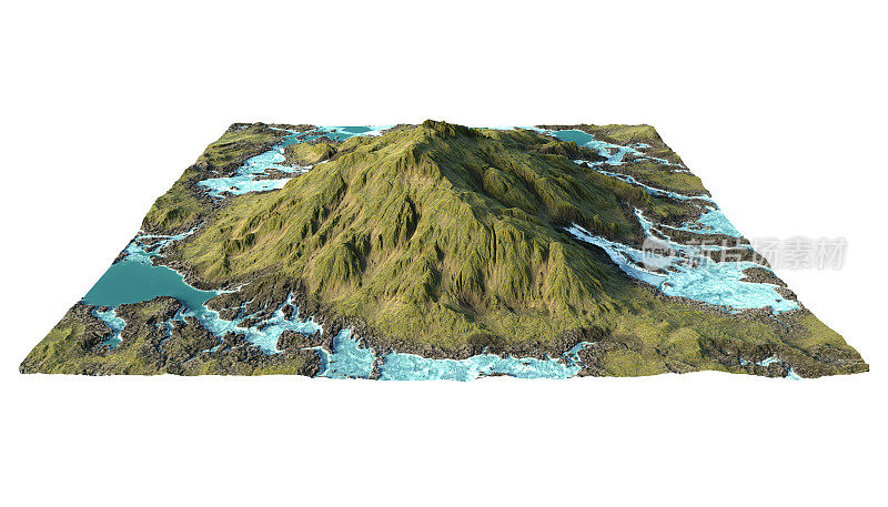 被溪流环绕的山的3D渲染。