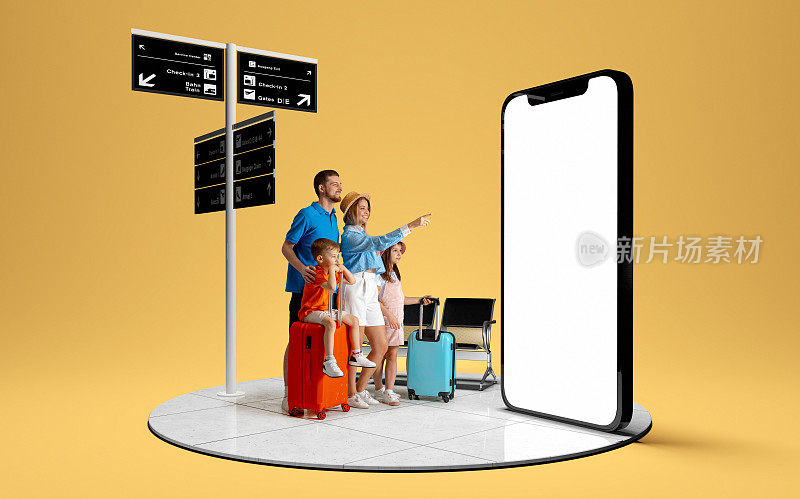 时尚快乐的年轻家庭，男人、女人和孩子拿着行李箱站在一起，指着3D模型的手机屏幕。旅行的目的地