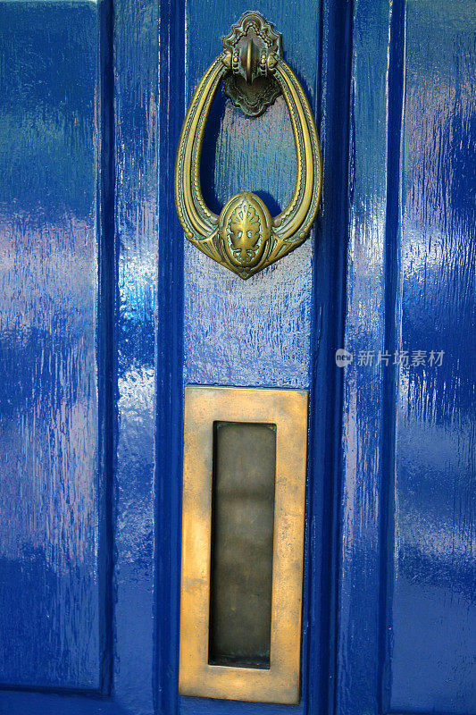 装饰黄铜门环和信箱上的蓝色前门