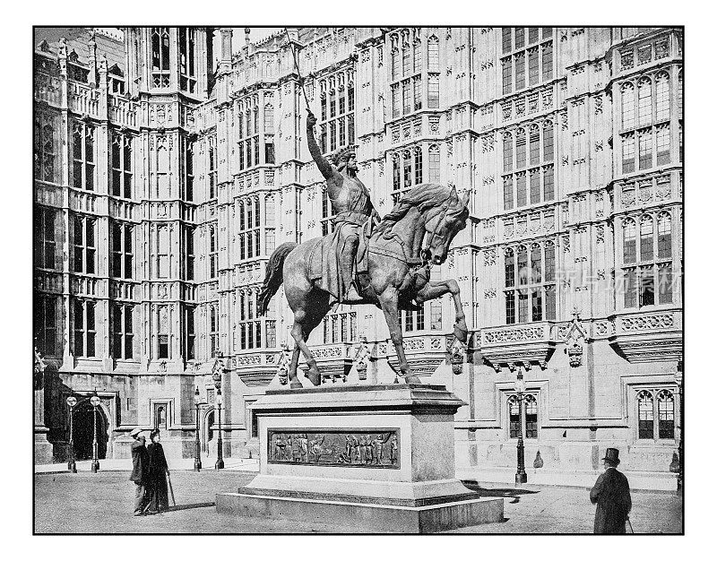 伦敦古董照片:英国理查一世雕像，威斯敏斯特