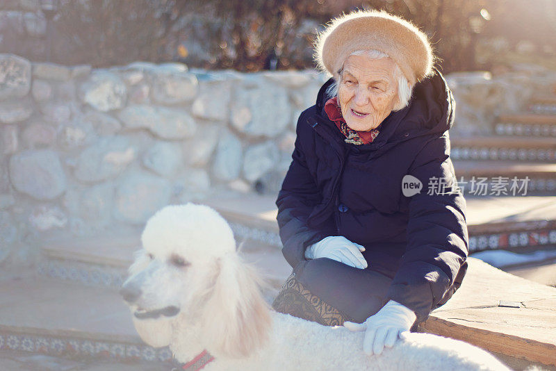 漂亮的老妇人拍着一只狗