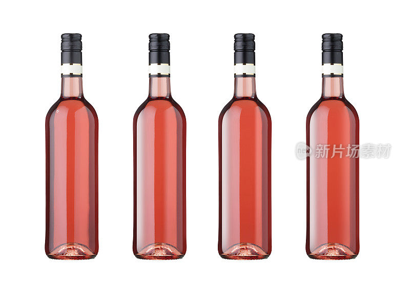 四瓶酒rosé红葡萄酒孤立在白葡萄酒上