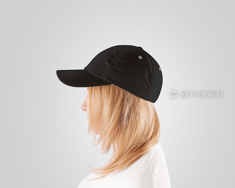 空白黑色棒球帽模型模板，妇女头，侧面，孤立