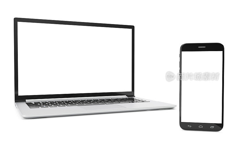 电脑，笔记本电脑或平板电脑，智能手机，在白色背景上显示隔离，工作空间模拟你的设计插图，3D渲染