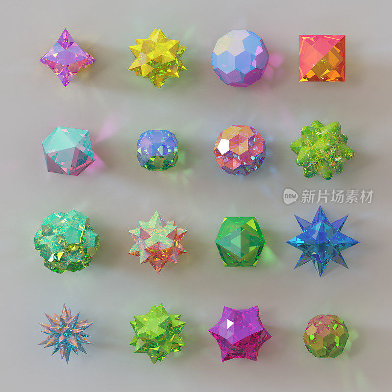 3d抽象几何形状，玻璃彩虹珠，水晶，宝石和珠宝