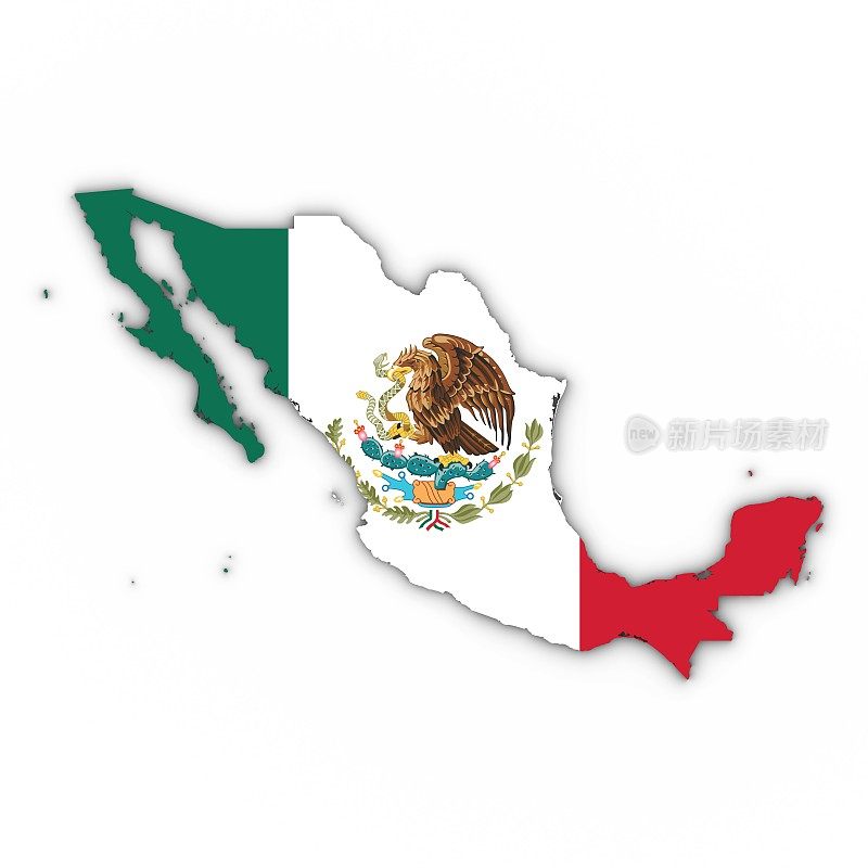 墨西哥地图轮廓与墨西哥国旗在白色与阴影3D插图
