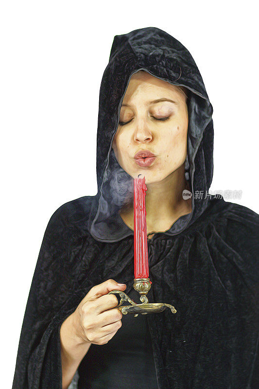 寡妇悲伤的黑色头巾吹灭红色蜡烛与烟