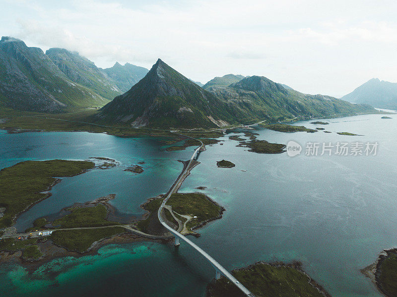 鸟瞰挪威风景如画的公路桥、海洋和山脉