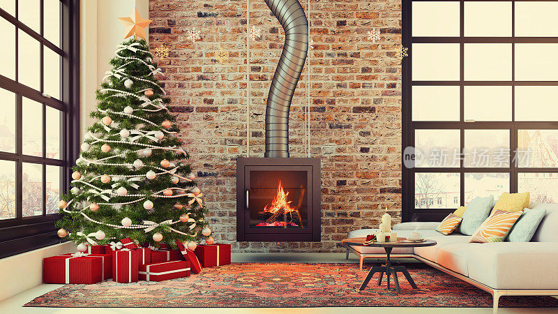 圣诞室内设有壁炉、圣诞树和礼物扶手椅