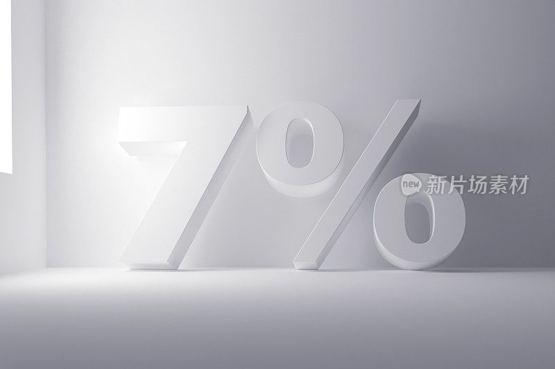 3d渲染白色的7百分比标志在白色干净的背景