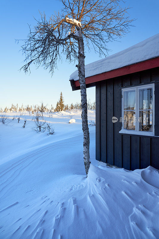 大雪后的山上小屋，挪威奥普兰县辛芬杰尔