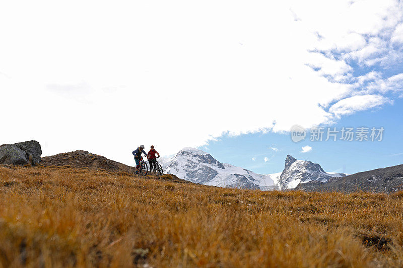 两个骑山地车的女人穿过泽马特的高山草地