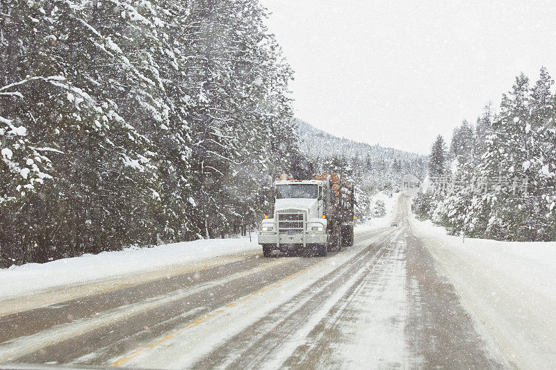 在结冰的公路上行驶的伐木卡车