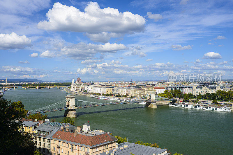 多瑙河上的铁链桥和布达佩斯城市天际线，匈牙利