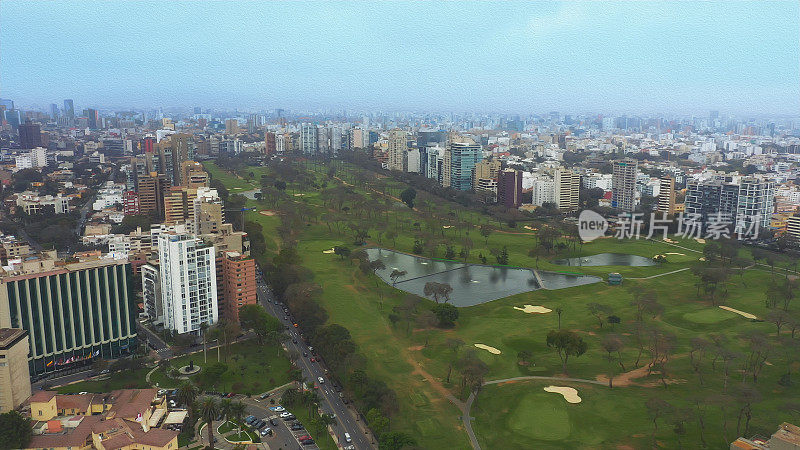 油画全景鸟瞰图圣伊西多罗地区在利马，秘鲁。