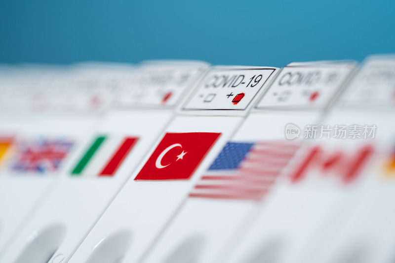 2019冠状病毒病快速检测试剂盒和土耳其国旗放在其他国家国旗旁边照片