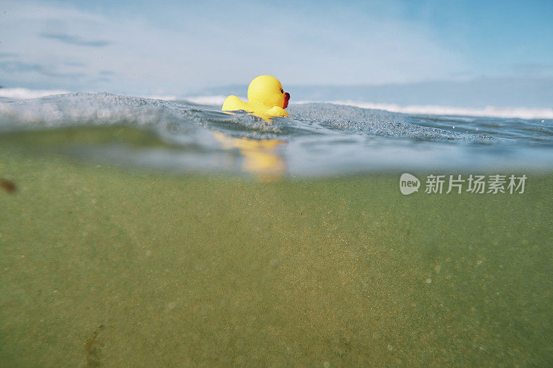 在一个阳光明媚的日子里，橡皮鸭漂浮在海面上。