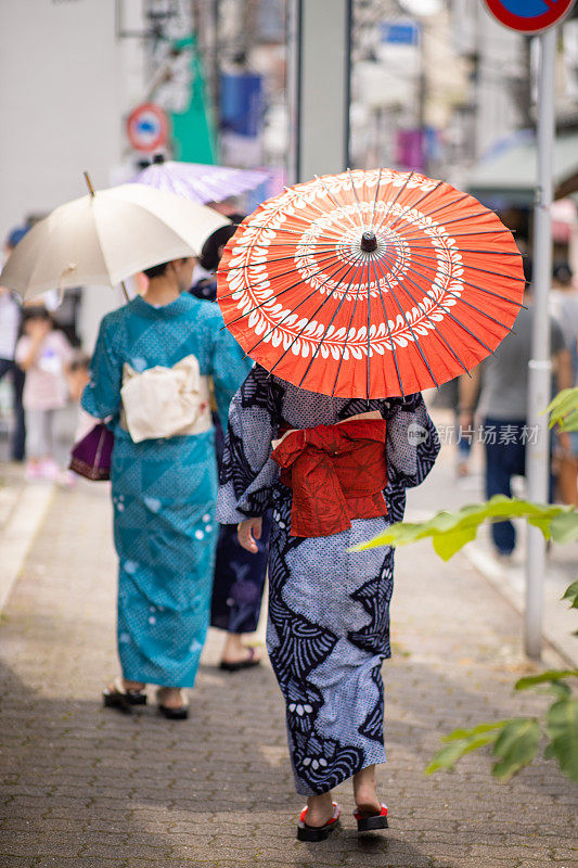 日本妇女在浴田街头行走的后视图