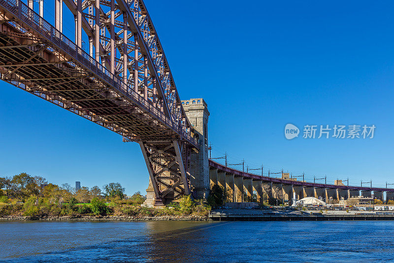 地狱门桥和秋天的颜色树从阿斯托里亚公园，纽约，美国。