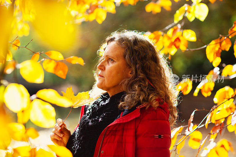 一个成熟女人的肖像，在户外的秋天