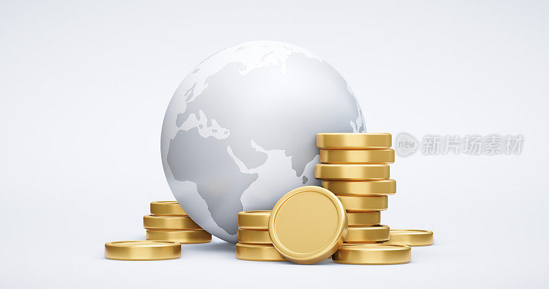 全球货币商业银行金融价格或金币图标和投资黄金外币兑换符号孤立在白色3d金融股票背景与经济美元现金标志。