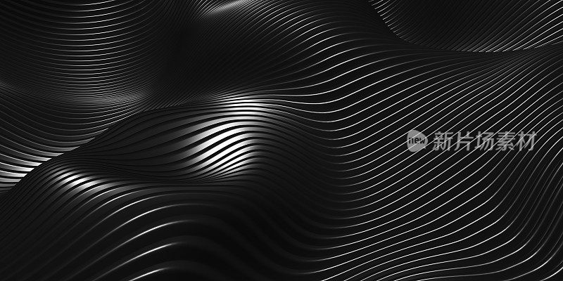 平行线黑色塑料管纹理黑色曲线扭曲形状现代抽象三维插图