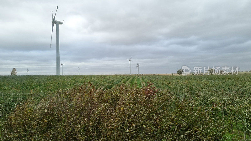 景观与涡轮绿色能源电力，风车电力生产，风力涡轮机发电。清洁能源的概念。