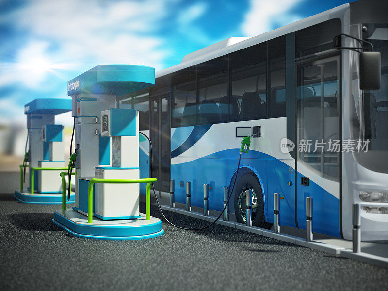 假想的加氢站，一辆正在充电的城市巴士