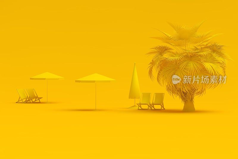 夏日概念，粉色棕榈树躺椅和雨伞