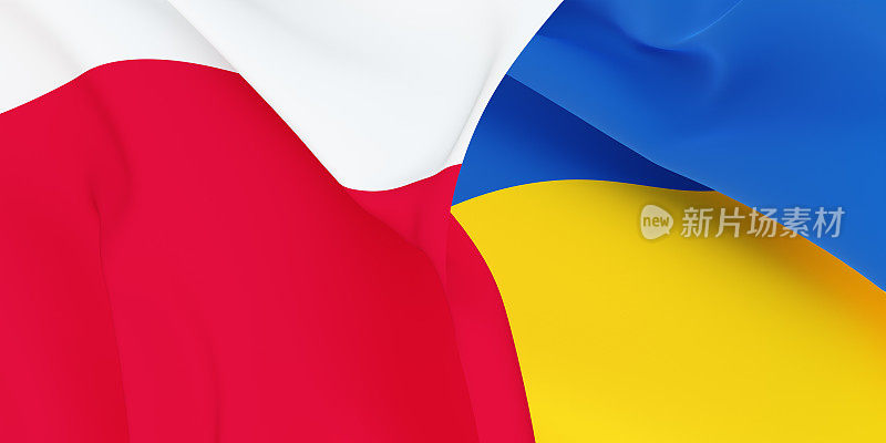 波兰国旗和随风飘扬的乌克兰国旗。
