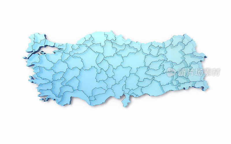土耳其世界国家边界地图，蓝色玻璃纹理，对象+对象阴影剪辑路径