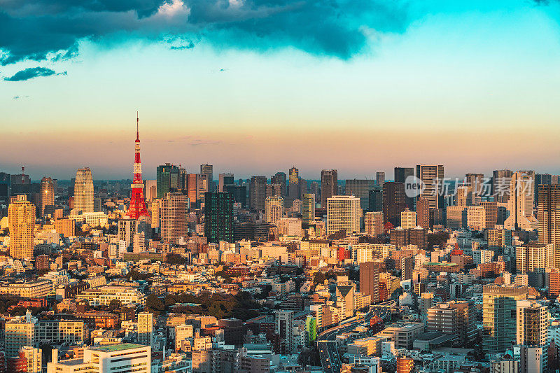 日本东京，东京塔的天际线