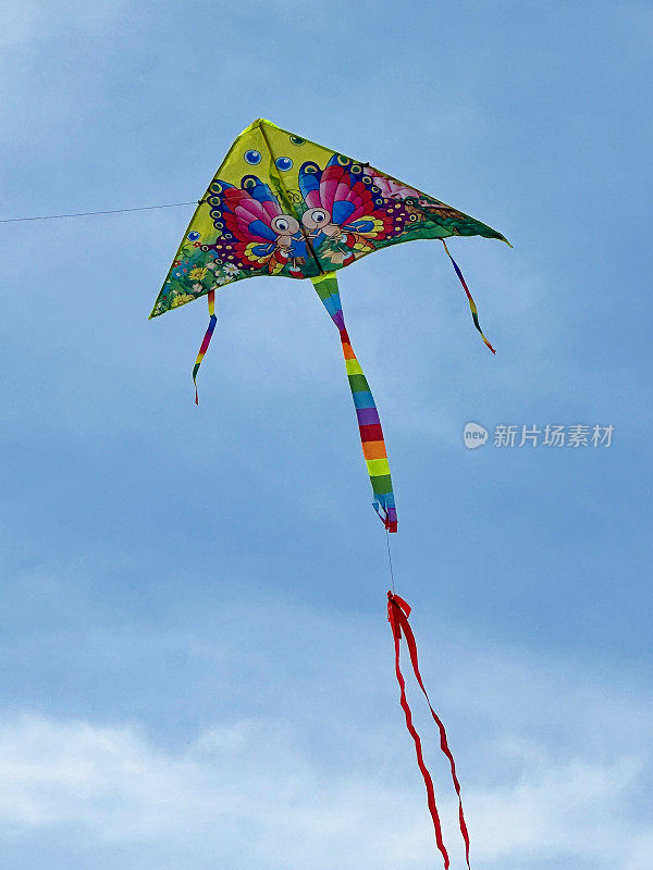 从下面看，箭头风筝在天空中飞行，尾巴长而有彩虹条纹，天空晴朗多云