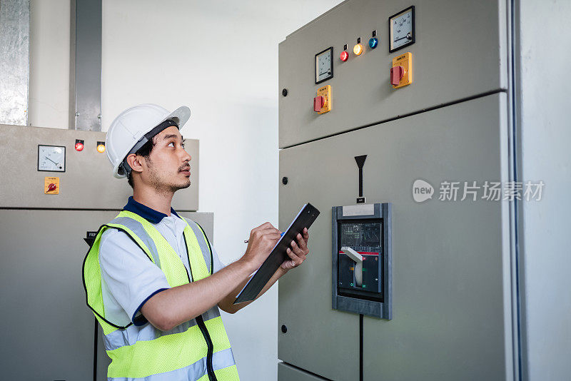 工程师在工厂控制室检查电气配电盘，验证工作电压范围。
