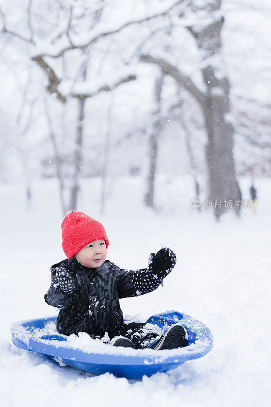 冬天，小男孩在户外的雪地里坐雪橇