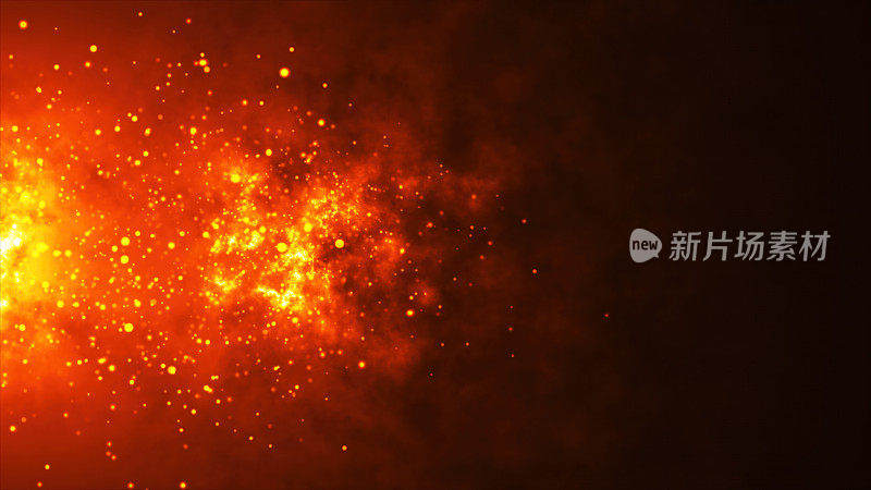 燃烧的炽热篝火火花的特写。火粒子在黑色背景的火红的橙色发光飞行余烬燃烧灰烬粒子。