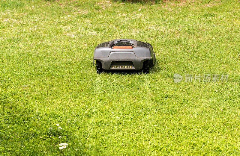 夏日里，机器人割草机在花园里割草。