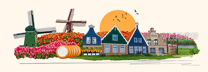 著名的荷兰风车。荷兰运河上的红色郁金香。创造性的拼贴画。
