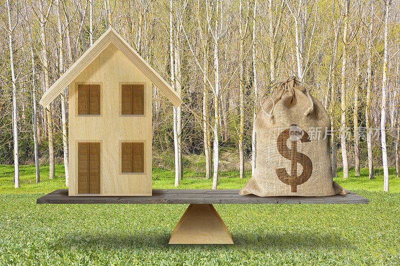 木结构房屋的成本是多少-房地产平衡概念与美元和木结构房屋模型-建筑活动和建筑行业成本