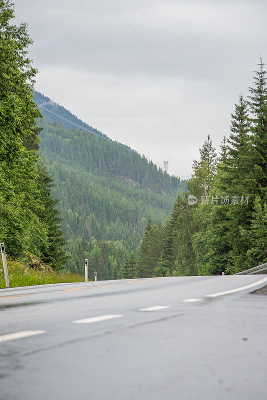 挪威山沥青公路的低视图。在一个多云的阴雨的夏日，远处有一座长着绿色针叶树的山，天空是蓝色的。